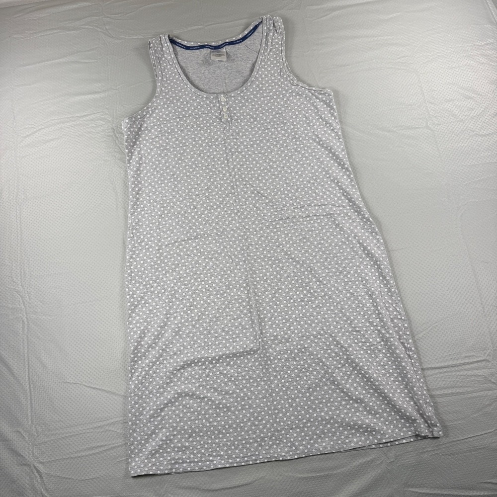 Liz Claiborne Nightgown Women XL Gray Polka Dot Sleeveless Henley Sleep Dress